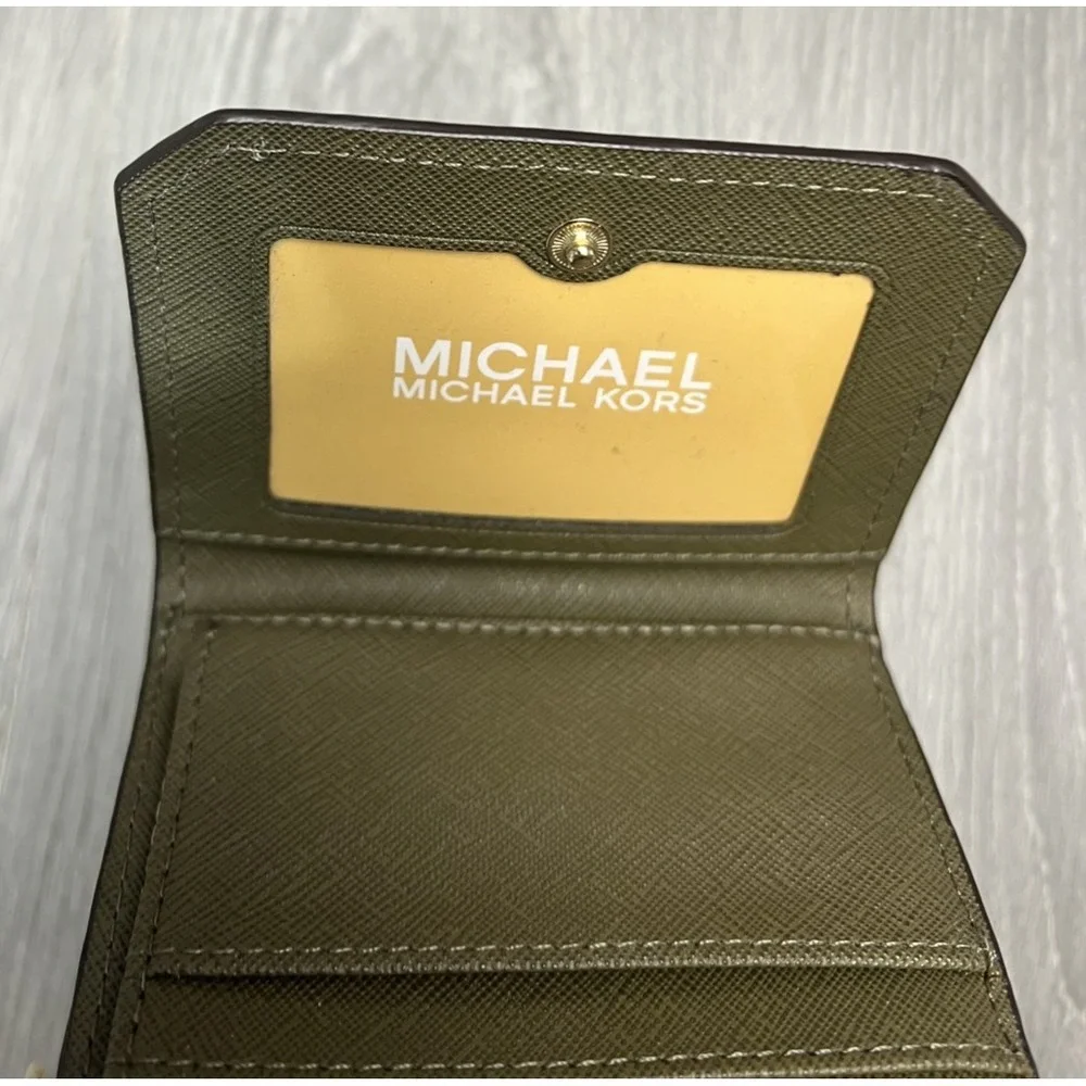 Michael Kors Hayes Small Tri-Fold Wallet Olive Green Pebbled Leather Gold Logo